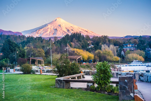 Sunset view to Villarrica Volcano and the lake.