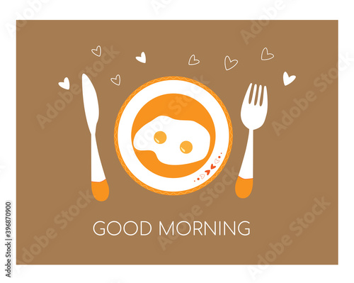 Cute fried egg, heart shape. Food, Breakfast cartoon concept. Flat vector illustration, isolated objects.