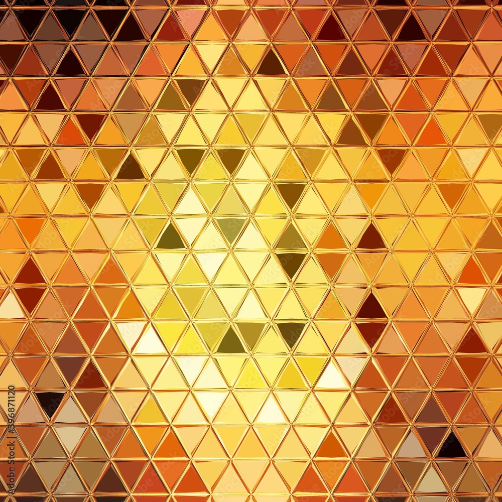 Bright neon yellow gold spiral patterns on black background generating many intricate shapes and mosaic style with triangle shaped tiles Bright neon yellow gold spiral patterns on black background generating many intricate shapes and mosaic style with triangle shaped tiles