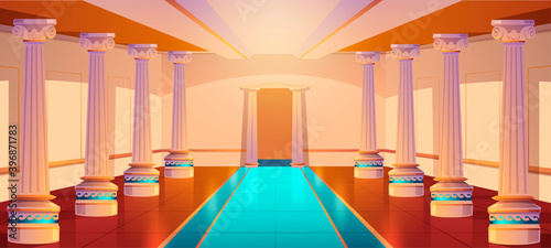 Greek temple, roman architecture, castle corridor with columns and arch entrance. Palace hall with pillars, ancient building design, empty ball room or theater interior. Cartoon vector illustration