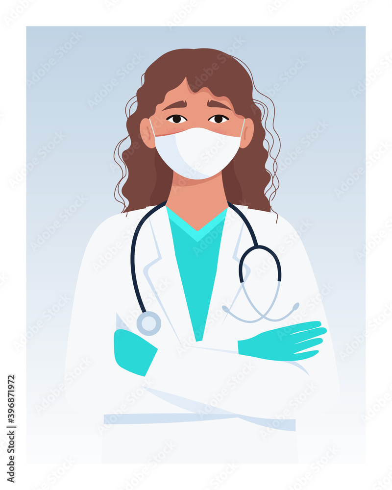 Female Doctor With Arms Crossed. Medical staff in uniform and mask. Vector illustration in flat style Female Doctor With Arms Crossed. Medical staff in uniform and mask. Vector illustration in flat style