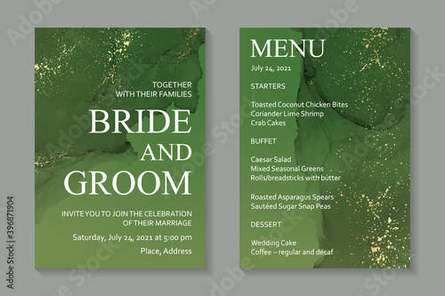 Modern abstract luxury wedding invitation design or card templates for birthday greeting or certificate or cover with green watercolor stains or fluid art in alcohol ink style with golden glitter.