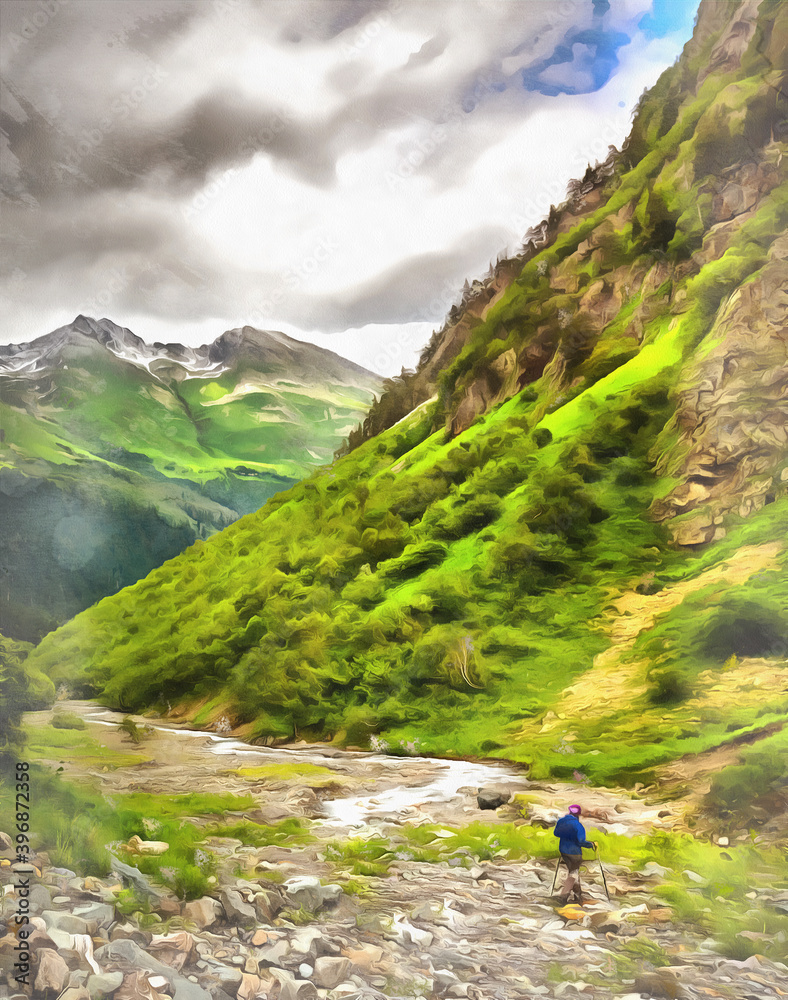 Beautiful mountain landscape with tourist hiking at Caucasus mountains colorful painting looks like picture.