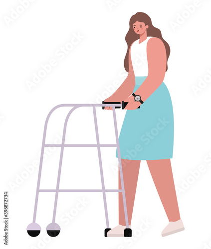 woman with orthopedic walker and blue skirt