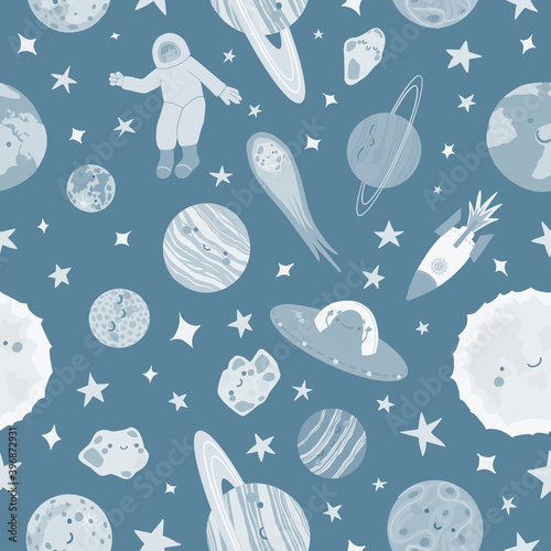 Seamless pattern of the planets of the Solar System in flat style. Pattern with planets and stars. Vector blue background, perfect for fabric, textile, wallpaper, wrap paper