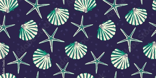 Colored seamless pattern wallpaper with starfish and shell. Underwater animals, west coast, wild ocean life for marine design