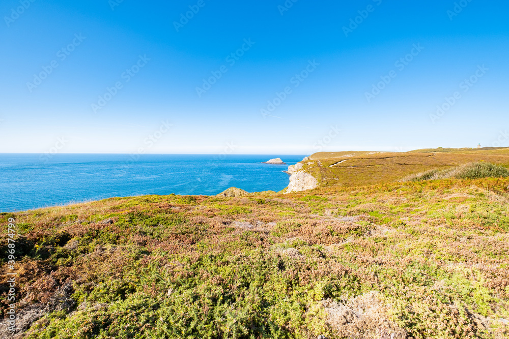 Landscape of the Brittany coast in the Cape Frehel region with its beaches, rocks and cliffs in summer.
