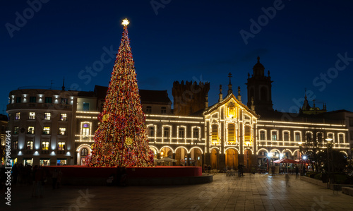 Christmas city lights decoration with an enormous Christmas tree, Braga, Portugal.