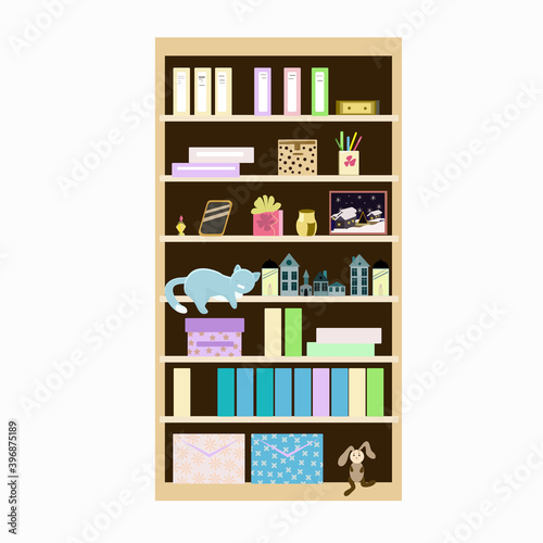 Bookcase with books and other small items and boxes