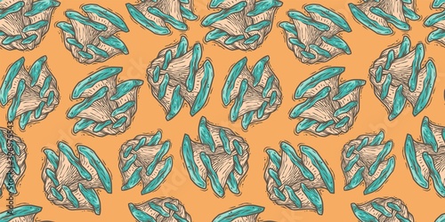 Colored seamless pattern wallpaper. Vector illustration of oyster. Autumn mushroom picking for vegan food and cooking design