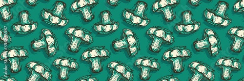 Colored seamless pattern wallpaper. Vector illustration of milk agaric. Autumn mushroom picking for vegan food and cooking design