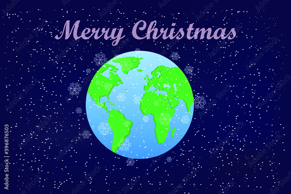 Christmas card, planet on a dark background in snowflakes, greetings, festive mood vector
