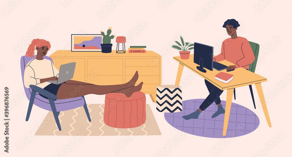 Young man and woman working at home office on laptop and computer, sitting in coworking workplace. Freelance workers on quarantine. Online learning and education. Flat cartoon style illustration