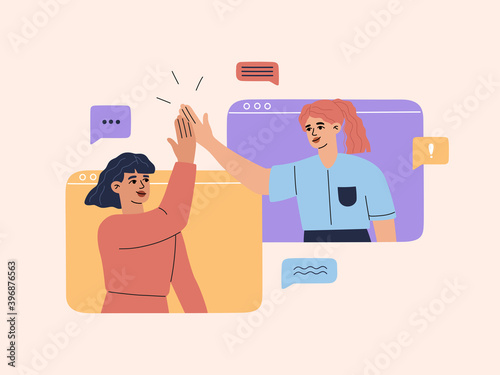 Two smiling young girls have online video conference at computer screen, chatting with friends or colleagues, happy woman giving high five and have conversation, vector illustration in flat cartoon
