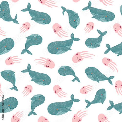 Cute baby pattern with sea animals. Whale and jellyfish drawn with colored pencil. Print for baby bedding  beachwear