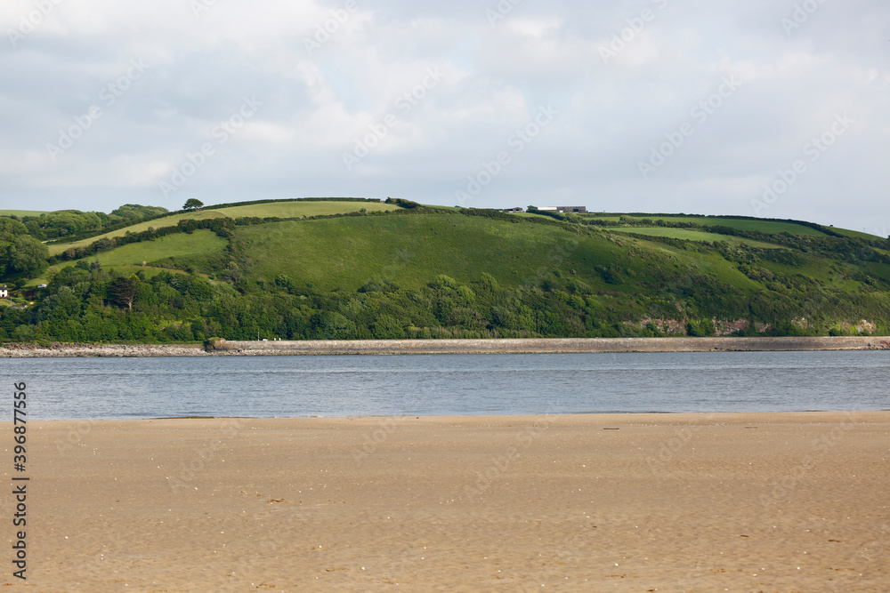 Wide shot of the River Towy and Llansteffan Beach, Wales.