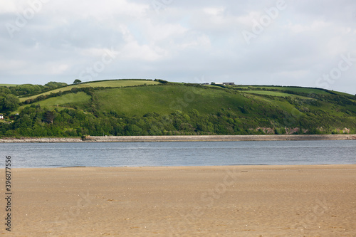 Wide shot of the River Towy and Llansteffan Beach, Wales.