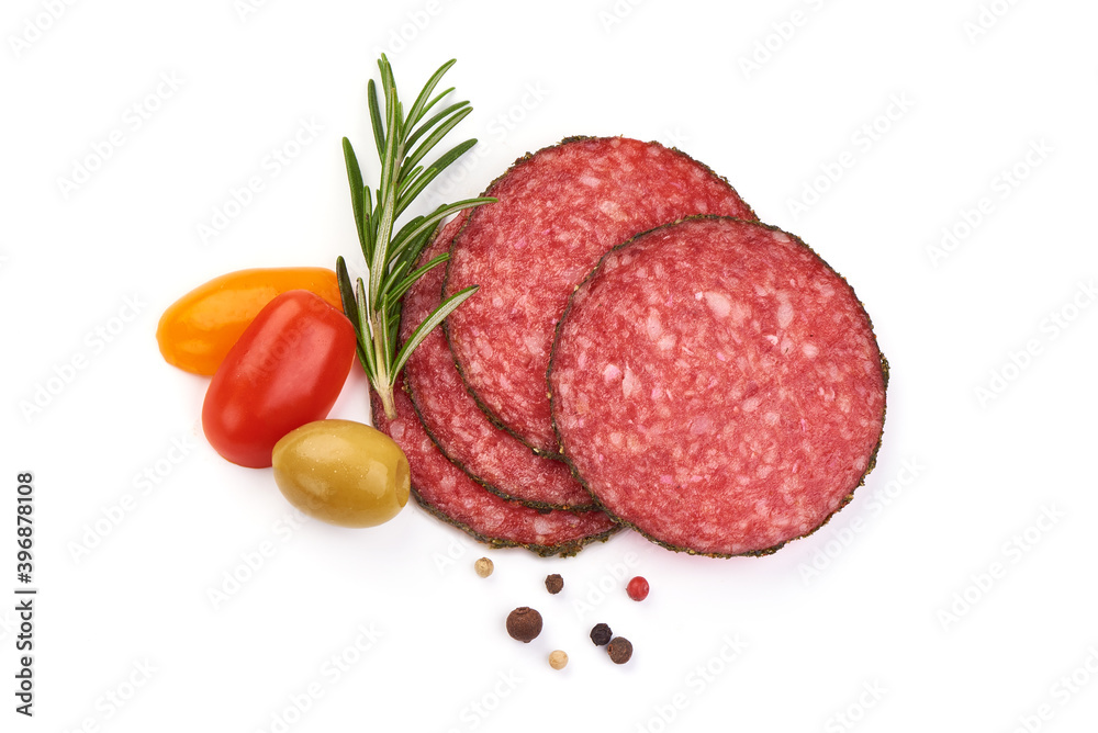 French salami slices with herbs and spices, isolated on a white background