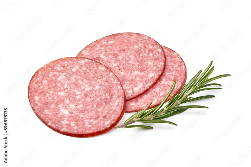 Sliced salami smoked sausage, isolated on white background