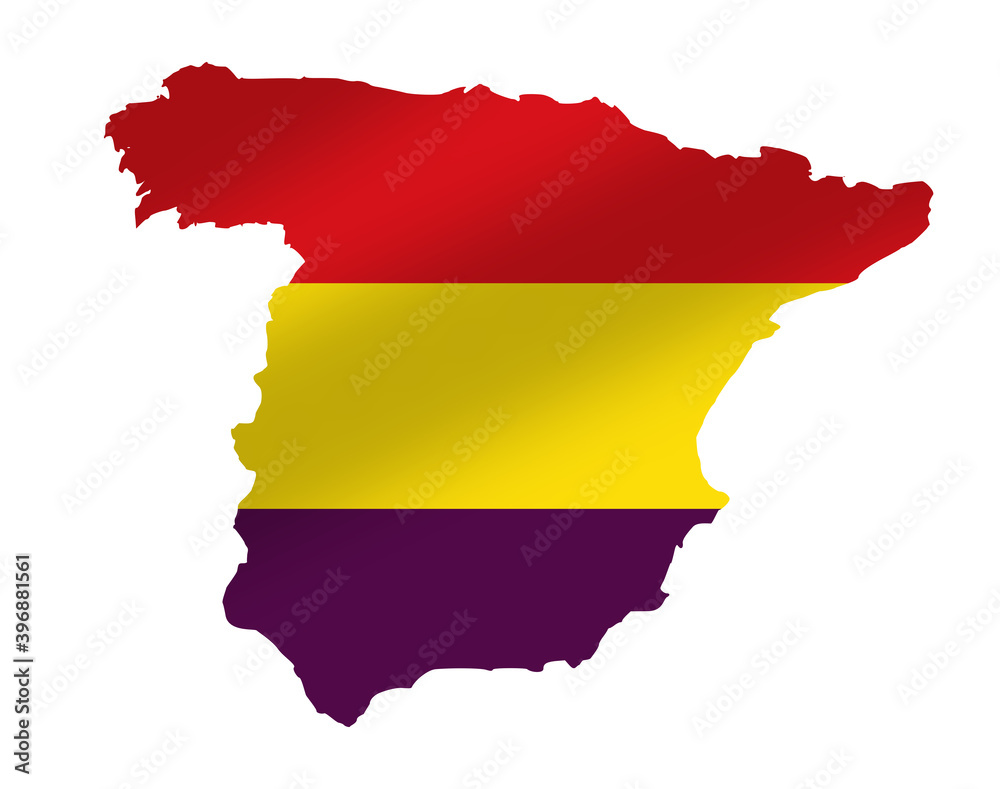 Map of Spain with the Republican Tricolor Flag, symbol of the historical and political problem Map of Spain with the Republican Tricolor Flag, symbol of the historical and political problem