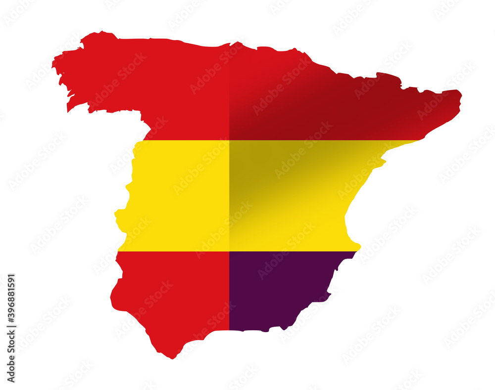 Map of Spain with the Republican Tricolor Flag next to the current flag of Spain, symbol of the historical and political problem Map of Spain with the Republican Tricolor Flag next to the current flag of Spain, symbol of the historical and political problem