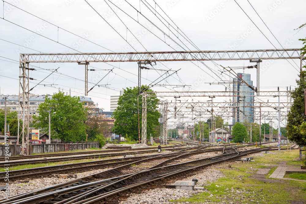 Railways of the Zagreb Main Station - Croatia. Buildings in the background Railways of the Zagreb Main Station - Croatia. Buildings in the background