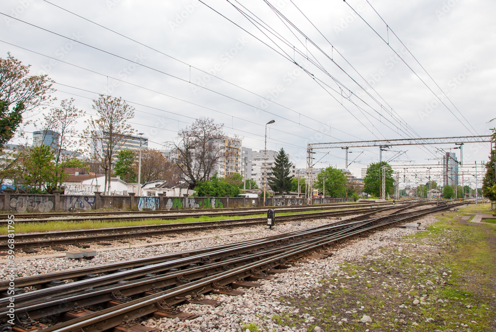 Railways of the Zagreb Main Station - Croatia. Buildings in the background