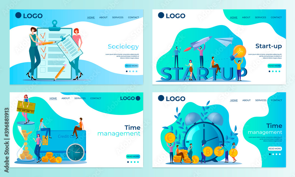 A set of landing page templates.Sociology, Startup,Time management.Templates for use in mobile app development.Flat vector illustration.