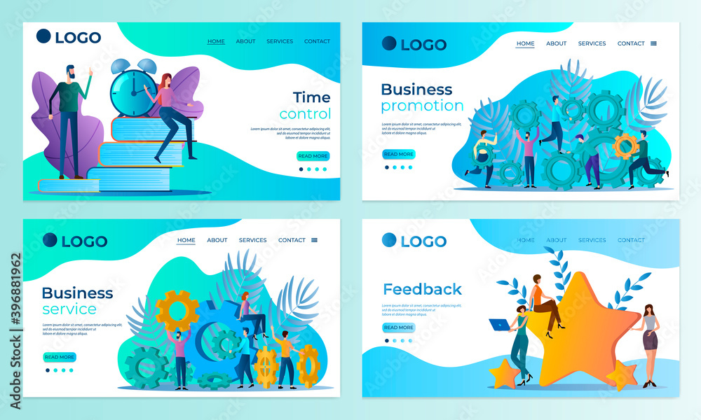 A set of landing page templates.Time control, Business promotion, Business service, Feedback.Templates for use in mobile app development.Flat vector illustration. A set of landing page templates.Time control, Business promotion, Business service, Feedback.Templates for use in mobile app development.Flat vector illustration.