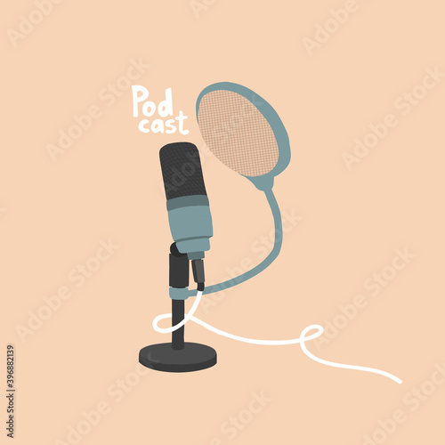 Studio cardioid microphone for podcast broadcasts. Table microphone on a stand. For voice recording. Vector illustration in hand drawing style. EPS 10
