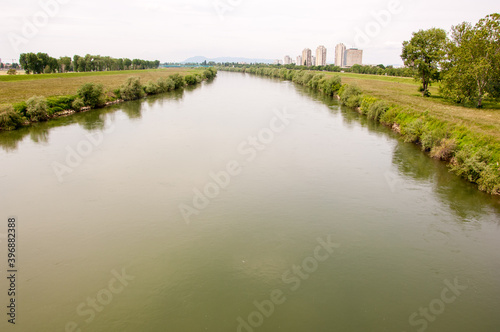 Panorma of Sava river bank with cityscape in the distance in Zagreb, Croatia