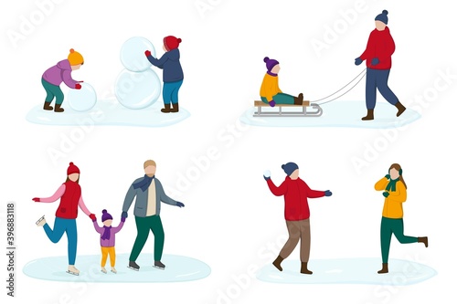 Winter season vector illustration. Outdoor games and activities.  Flat characters skate, make a snowman, play snowballs and have fun. 