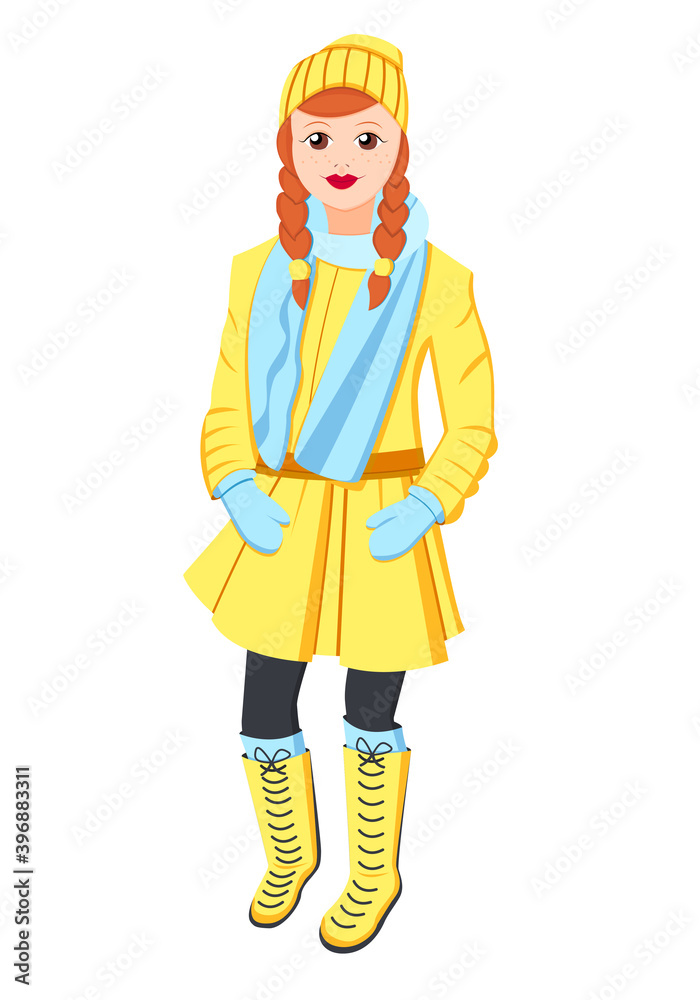 European lady. Young woman with braids. Orange hair. Age 18-25. Winter clothing. Warm yellow coat, skirt and hat. Blue scarf and mittens. Fashion look. Cartoon flat style. posters, interface design European lady. Young woman with braids. Orange hair. Age 18-25. Winter clothing. Warm yellow coat, skirt and hat. Blue scarf and mittens. Fashion look. Cartoon flat style. posters, interface design