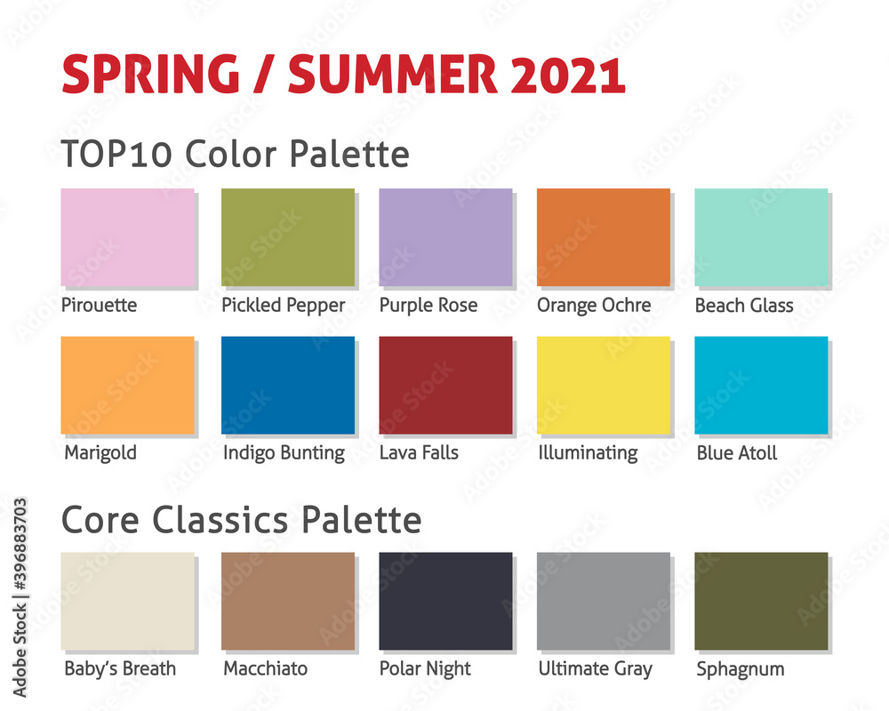 Spring Summer 2021 trendy color palette. Fashion color trend. Palette ...