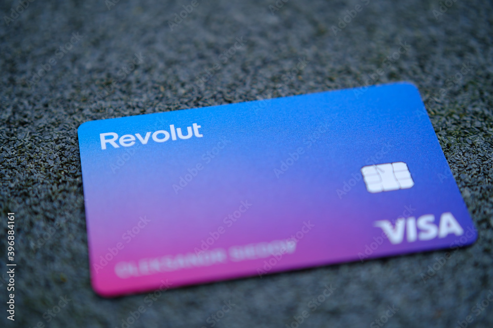 Stone / United Kingdom - April 26 2020: Revolut Visa bank card in a new  design with a
