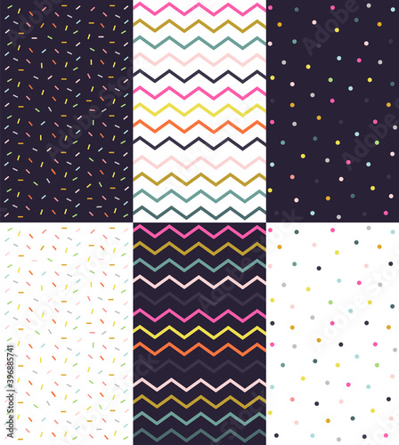 Modern simple color seamless geometric patterns set, elegant ornaments, design for decoration, wrapping paper, print, fabric or textile, wonderful collection, cute cards, vector illustration