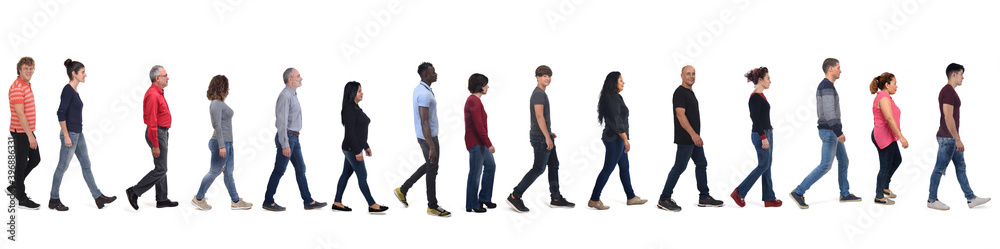 large group of people wearing blue jeans walking on white background