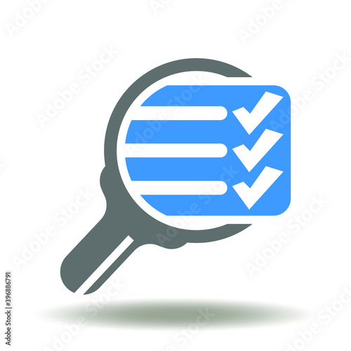 Magnifier with check list icon vector. Inspection symbol. Control quality, checkup illustration.