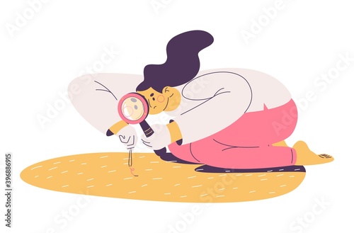 Woman suffering from ocd and cleaning her house with magnifier and tweezers. Isolated on white vector stressed character