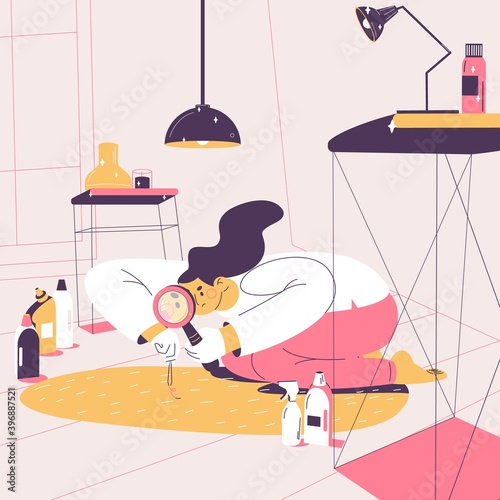 Woman with ocd cleaning her house attentively with magnifier. Concept illustration about obsessive compulsive disorder, panic and rituals