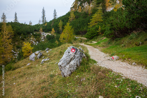 Beautiful autumn for hike in the mountains. Triglav national park in Kranjska Gora, Slovenia. photo