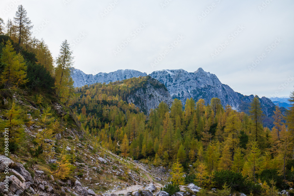 Beautiful autumn for hike in the mountains. Triglav national park in Kranjska Gora, Slovenia.