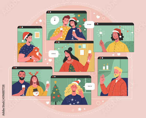 Online Christmas celebration. Vector illustration in trendy flat style of computer and smartphone screens with young adult people in Christmas outfits. Isolated on background