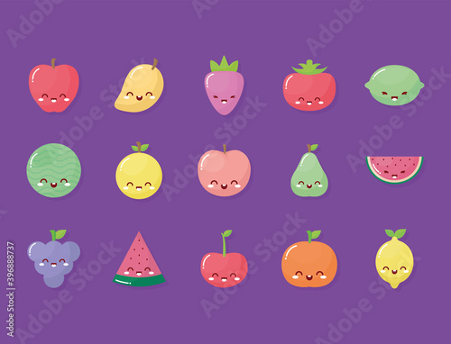 group of kawaii fruits with a smile