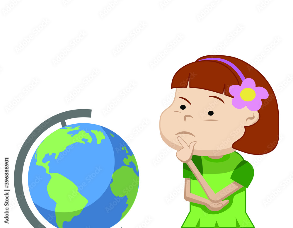 cute school girl holding globe and thinking, vector illustration 