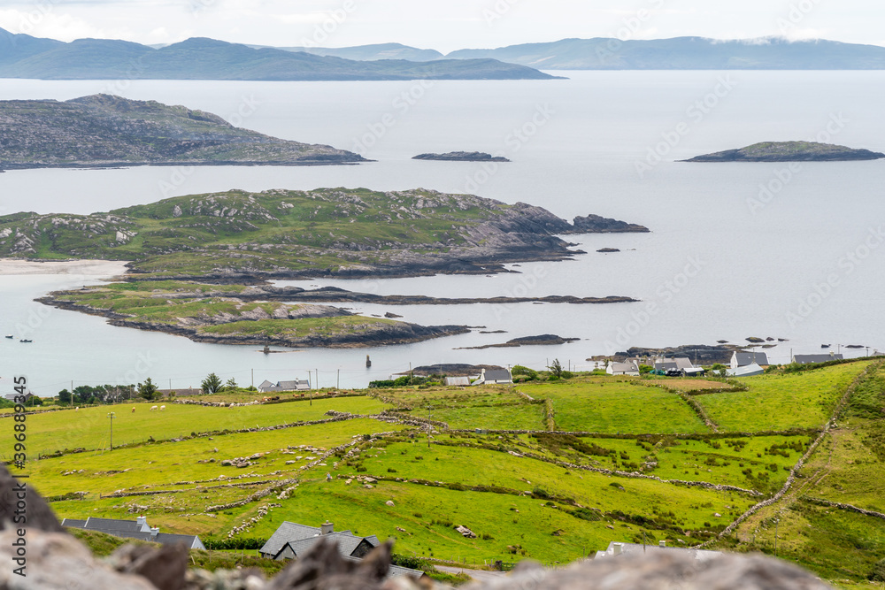Amazing panoramic view  of Scarriff Island from Com an Chiste Pass, Ring of Kerry, Iveragh Peninsula, County Kerry, Ireland, Europe. Part of Wild Atlantic Way