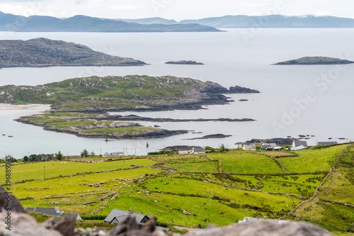Amazing panoramic view of Scarriff Island from Com an Chiste Pass, Ring of Kerry, Iveragh Peninsula, County Kerry, Ireland, Europe. Part of Wild Atlantic Way