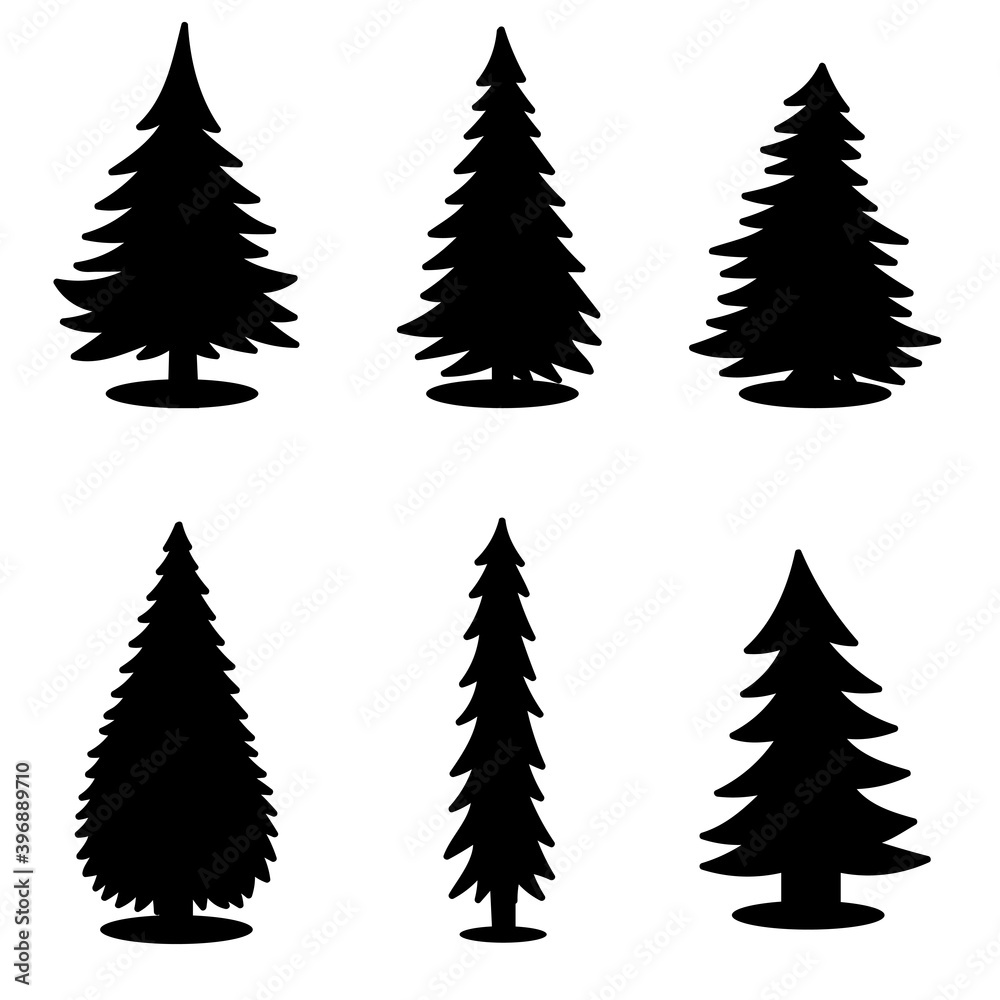 Set of 6 silhouettes of Christmas trees.  Silhouettes of Christmas trees.