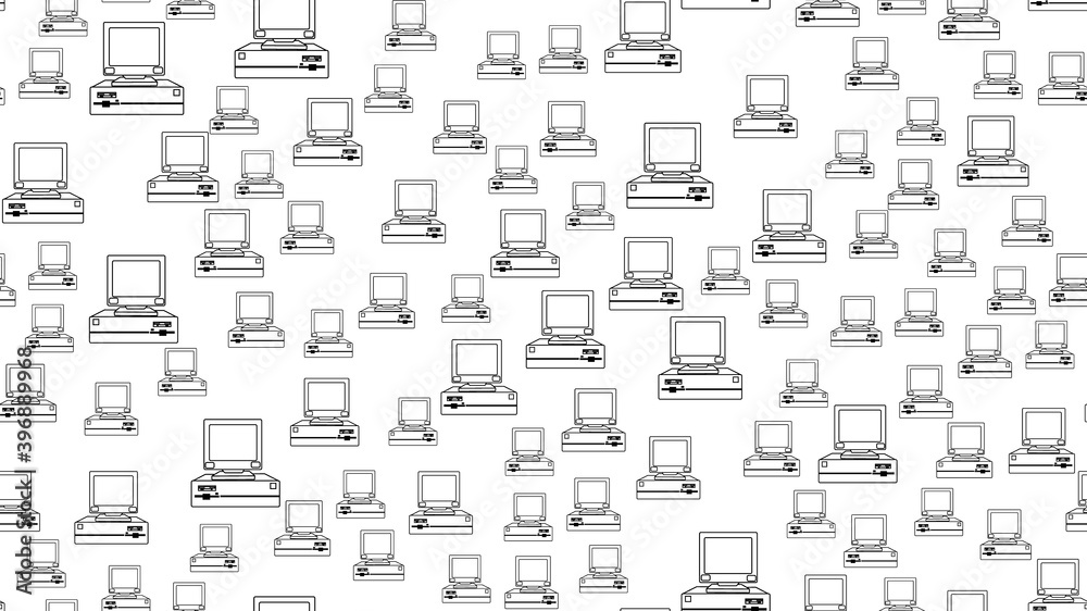 The texture pattern is seamless from old black and white retro hipster antique vintage computers with square monitors from the 80's 90's. The background. illustration The texture pattern is seamless from old black and white retro hipster antique vintage computers with square monitors from the 80's 90's. The background. illustration
