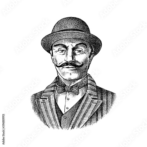Victorian gentleman. Belgian man with mustache. Elegant man in vintage retro style. Vector illustration. Hand drawn engraved retro sketch. Antique old monochrome character